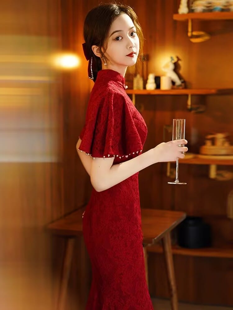 Beth and Brian Qipao-YST Lace fabric, floral pattern, mermaid long Cheongsam