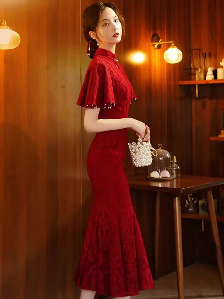Beth and Brian Qipao-YST Lace fabric, floral pattern, mermaid long Cheongsam