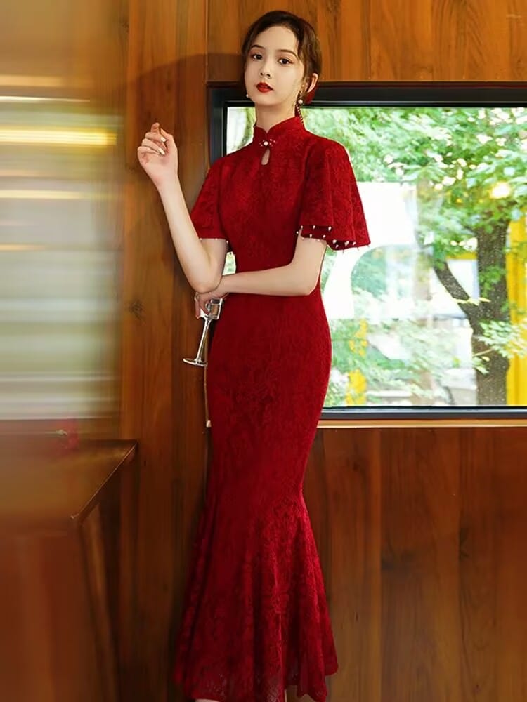 Beth and Brian Qipao-YST Lace fabric, floral pattern, mermaid long Cheongsam