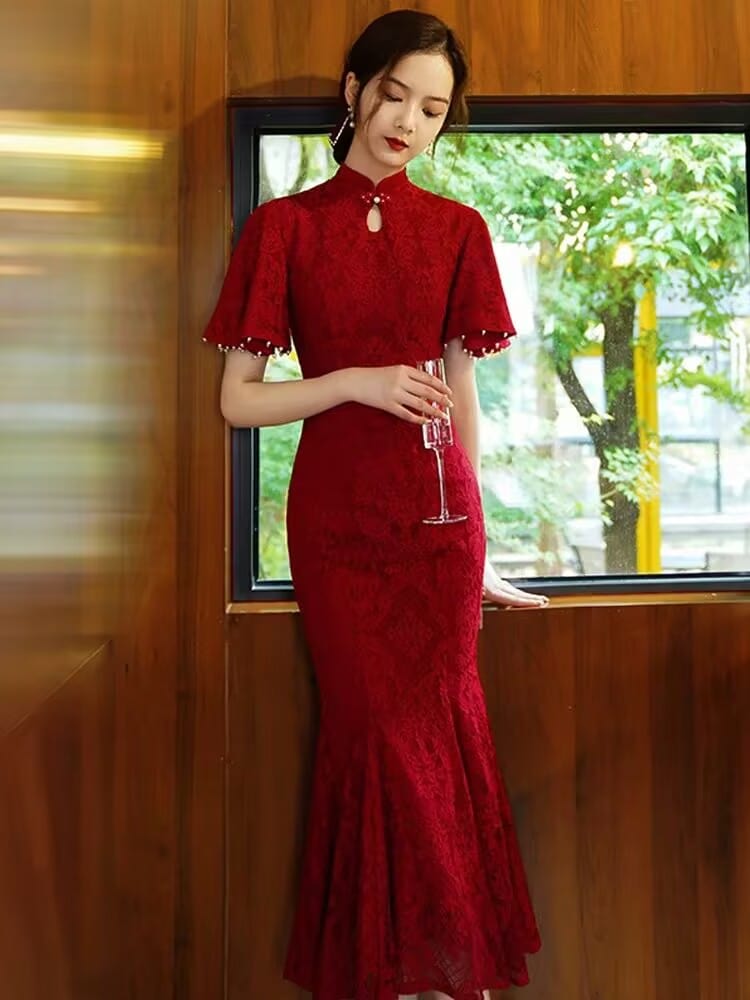 Beth and Brian Qipao-YST Lace fabric, floral pattern, mermaid long Cheongsam