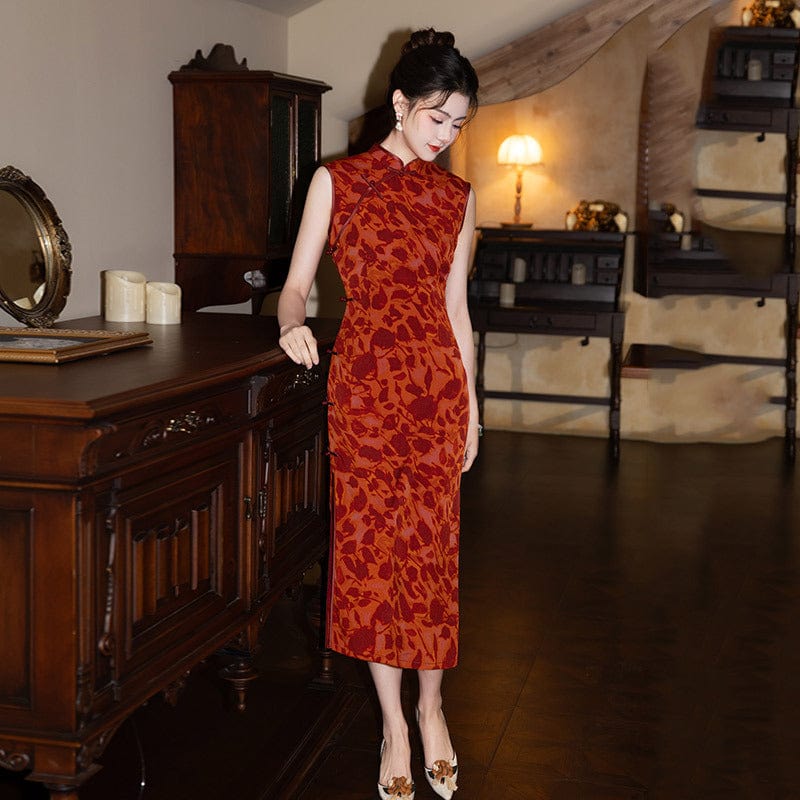 Beth and Brian Qipao-ZQYS Sleeveless, wedding red midi Cheongsam