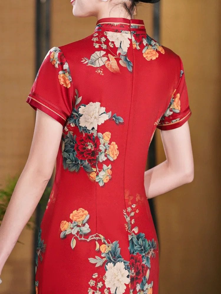 Beth and Brian Qipao-HQ Old Shanghai style, floral pattern, red long Cheongsam