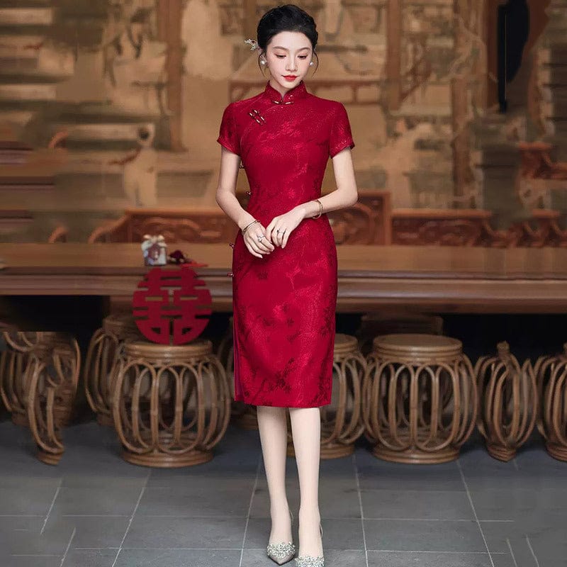 Beth and Brian Qipao-ZQYS Summer collection, floral pattern, red midi Cheongsam