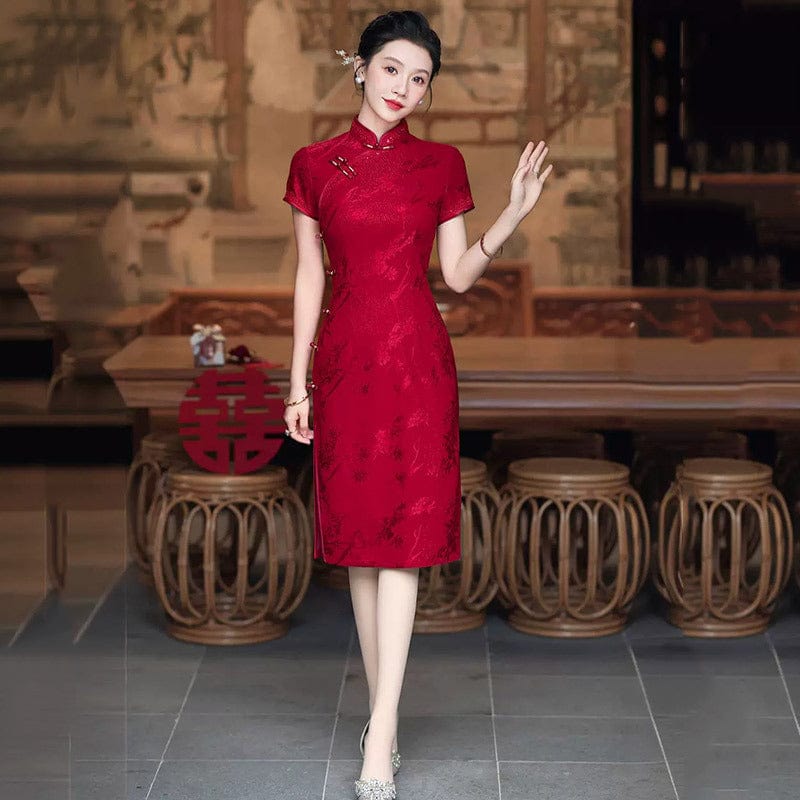 Beth and Brian Qipao-ZQYS Summer collection, floral pattern, red midi Cheongsam