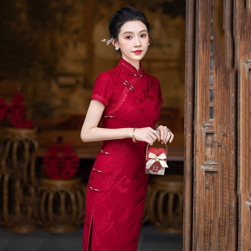Beth and Brian Qipao-ZQYS Summer collection, floral pattern, red midi Cheongsam
