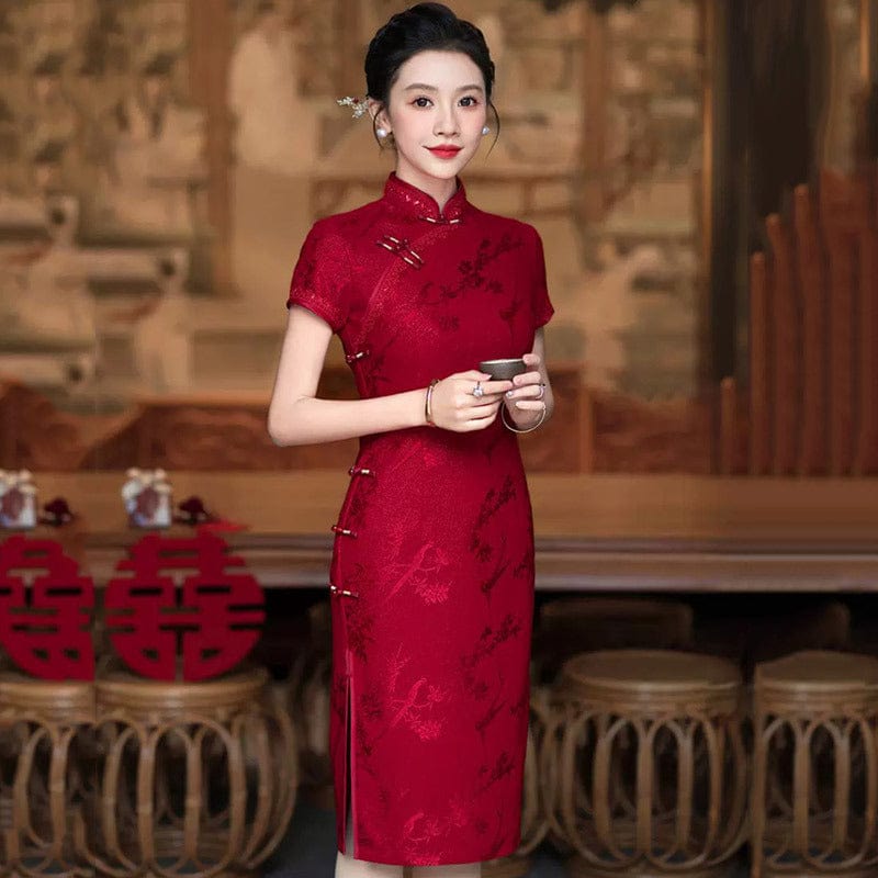 Beth and Brian Qipao-ZQYS Summer collection, floral pattern, red midi Cheongsam
