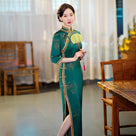 Beth and Brian Qipao-GSJ FLoral pattern, red&green long Cheongsam