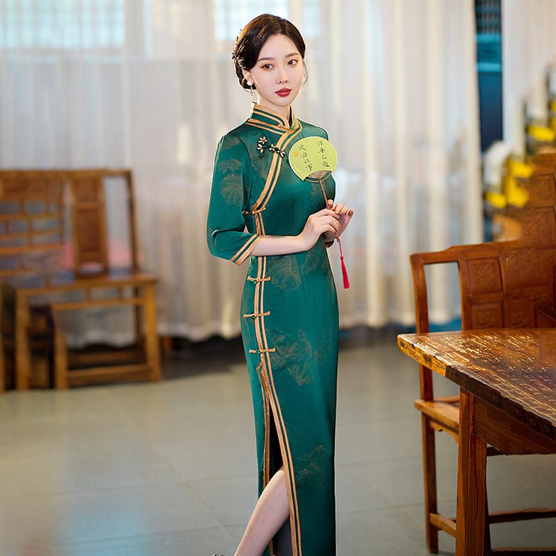 Beth and Brian Qipao-GSJ FLoral pattern, red&green long Cheongsam