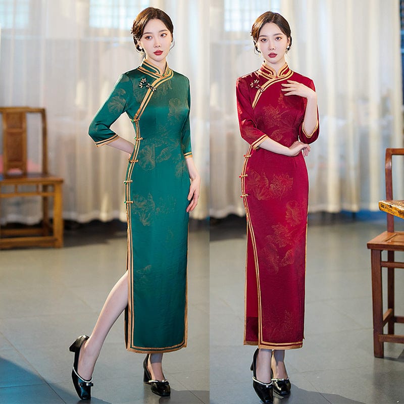 Beth and Brian Qipao-GSJ FLoral pattern, red&green long Cheongsam