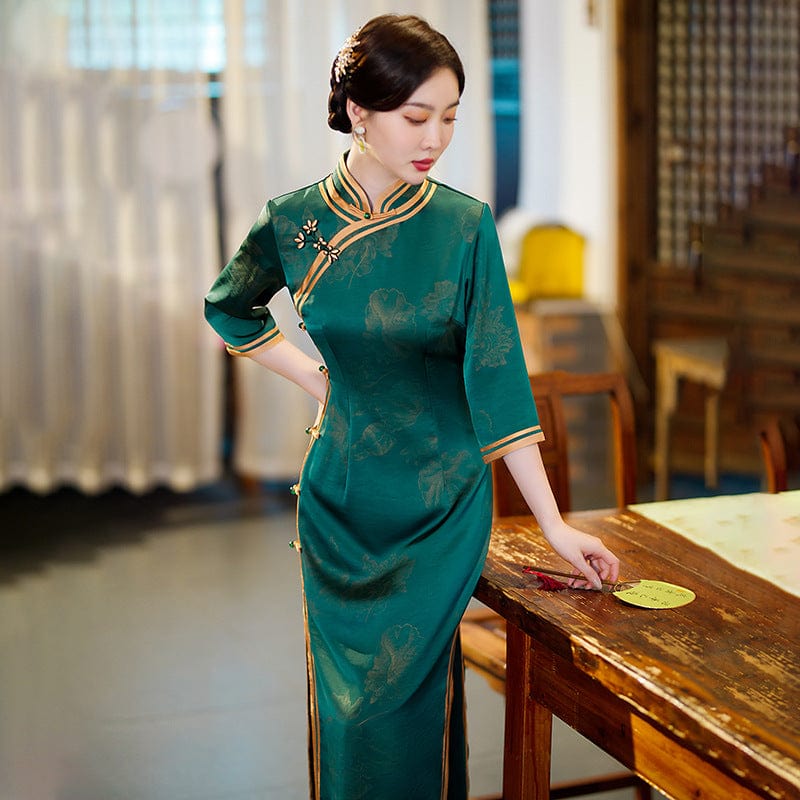 Beth and Brian Qipao-GSJ FLoral pattern, red&green long Cheongsam