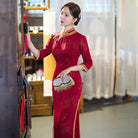 Beth and Brian Qipao-GSJ FLoral pattern, red&green long Cheongsam
