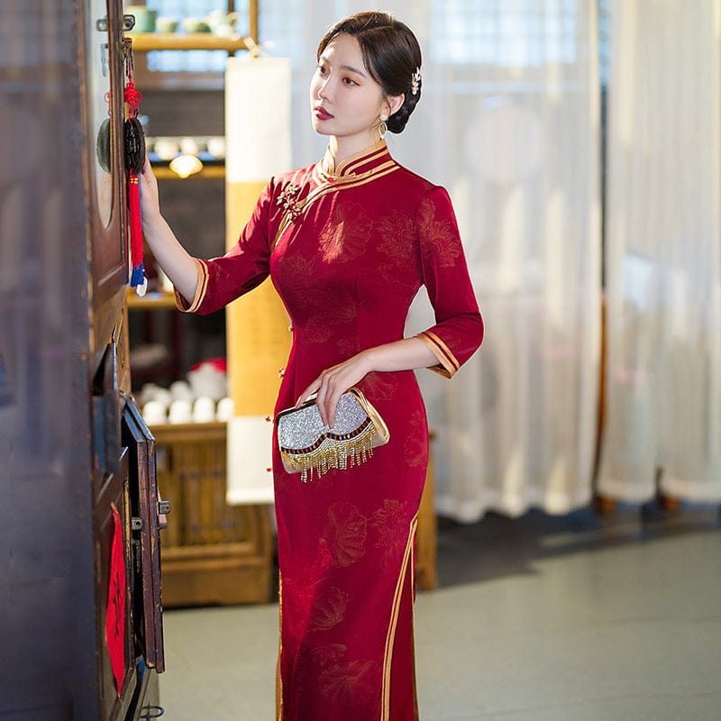 Beth and Brian Qipao-GSJ FLoral pattern, red&green long Cheongsam