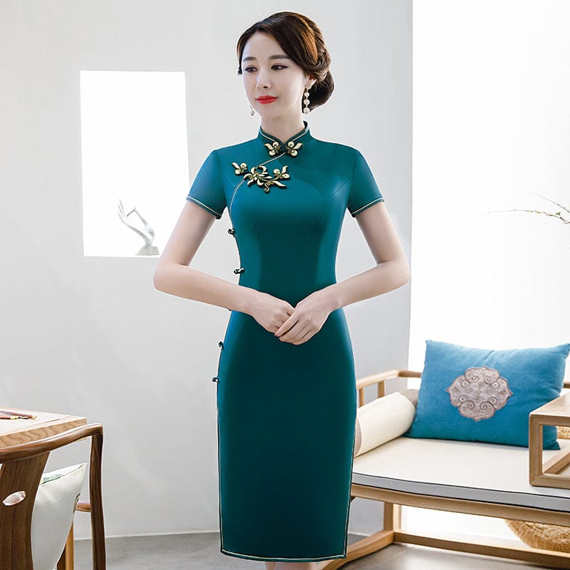 Beth and Brian Qipao-GSJ Plain pattern, red&green midi Cheongsam for mother