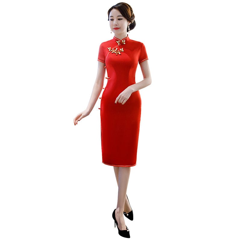 Beth and Brian Qipao-GSJ Plain pattern, red&green midi Cheongsam for mother