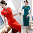 Beth and Brian Qipao-GSJ Plain pattern, red&green midi Cheongsam for mother