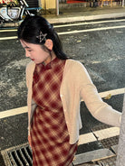 Beth and Brian Qipao-LSB Plaid pattern, daily red midi Cheongsam