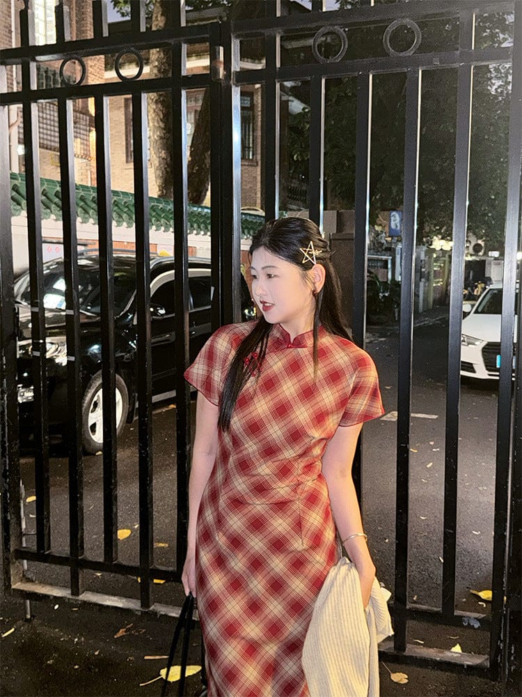 Beth and Brian Qipao-LSB Plaid pattern, daily red midi Cheongsam