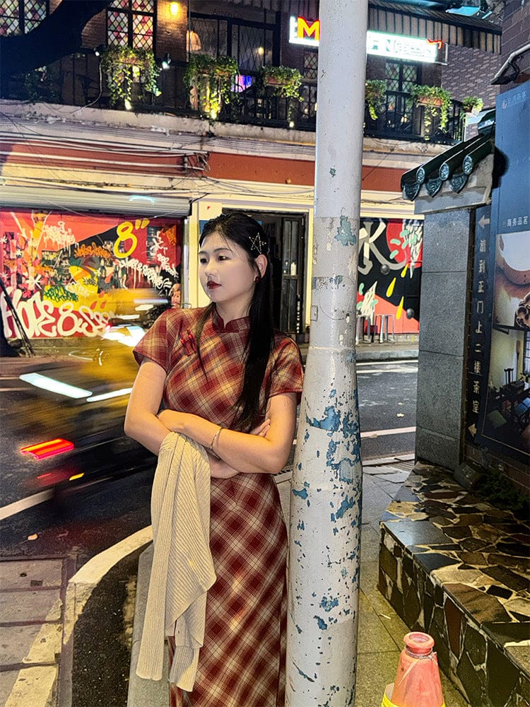 Beth and Brian Qipao-LSB Plaid pattern, daily red midi Cheongsam