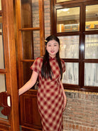 Beth and Brian Qipao-LSB Plaid pattern, daily red midi Cheongsam