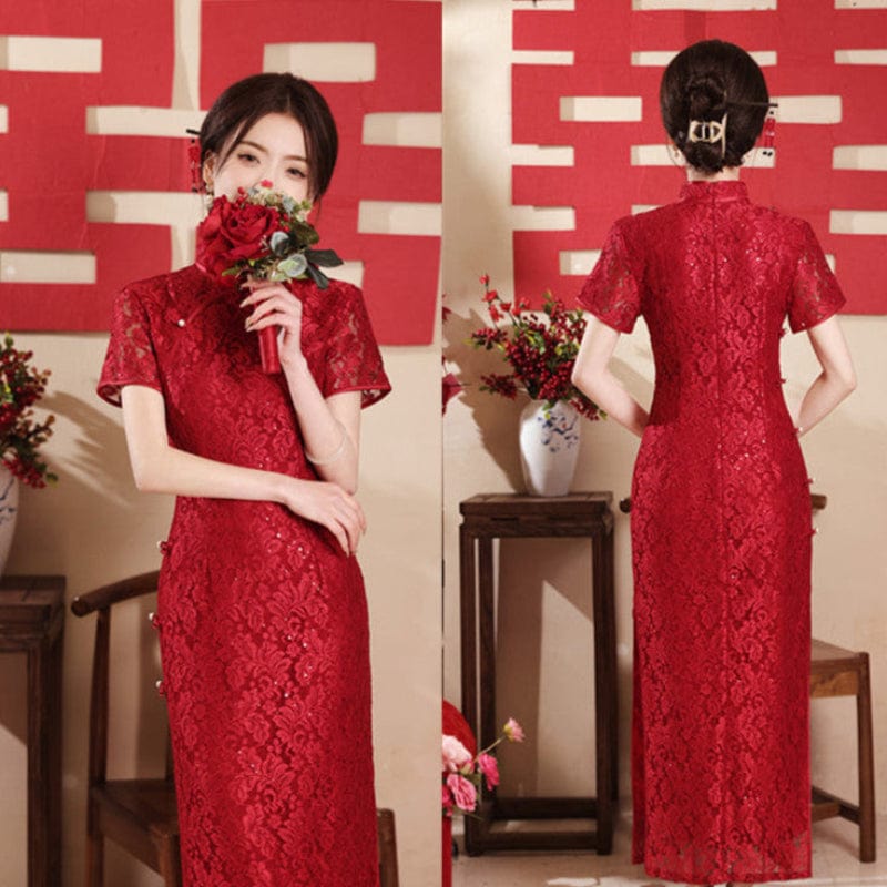Beth and Brian Qipao-SYK Lace fabric, floral pattern, wedding red long Cheongsam