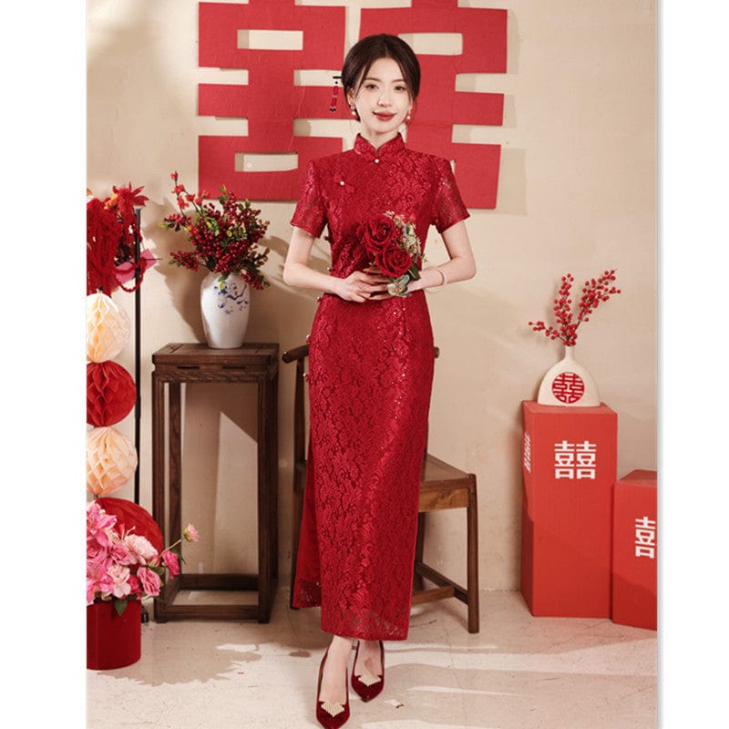 Beth and Brian Qipao-SYK Lace fabric, floral pattern, wedding red long Cheongsam
