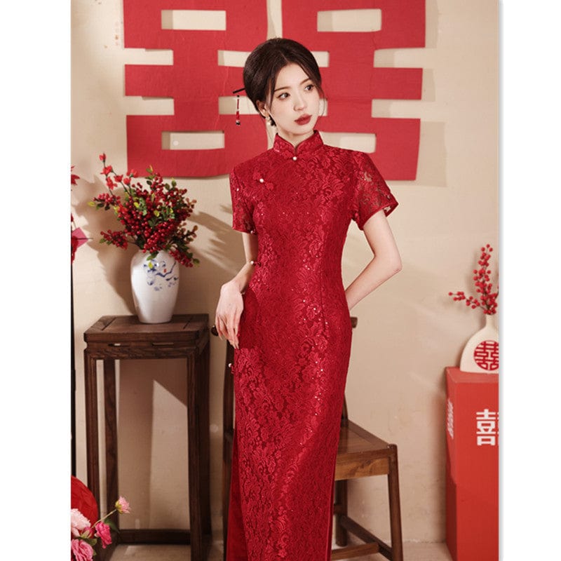 Beth and Brian Qipao-SYK Lace fabric, floral pattern, wedding red long Cheongsam