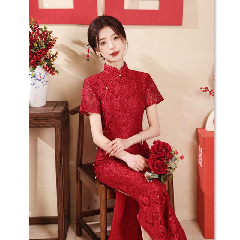 Beth and Brian Qipao-SYK Lace fabric, floral pattern, wedding red long Cheongsam