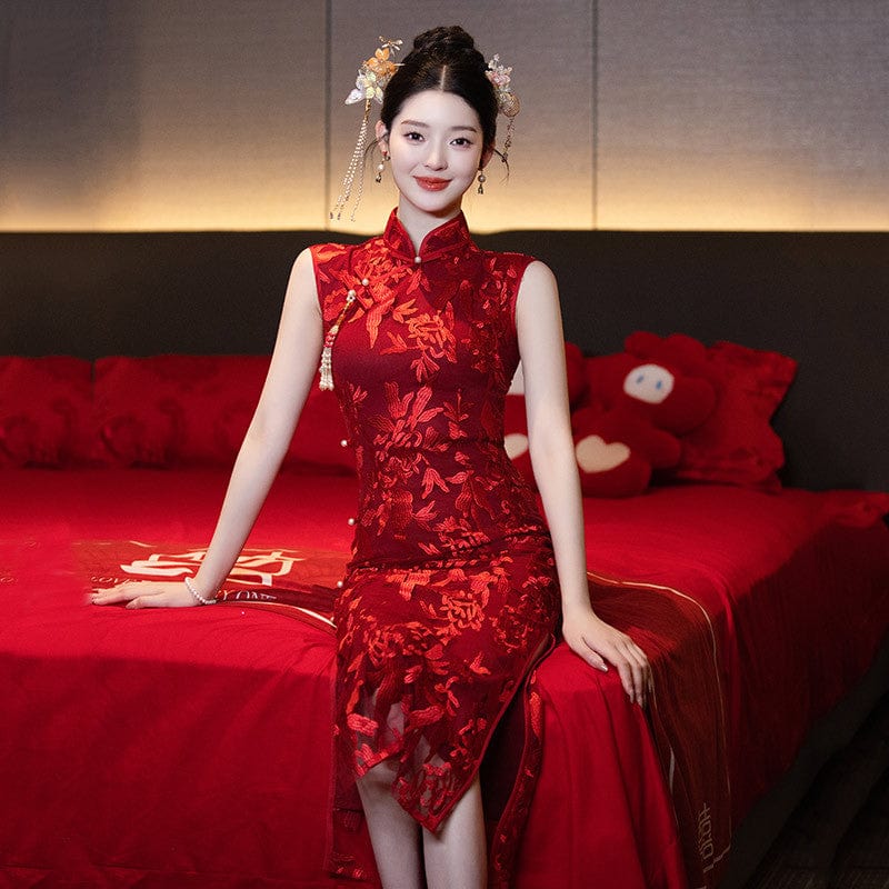 Beth and Brian Qipao-ZQYS Floral pattern, mesh fabric, wedding midi Cheongsam