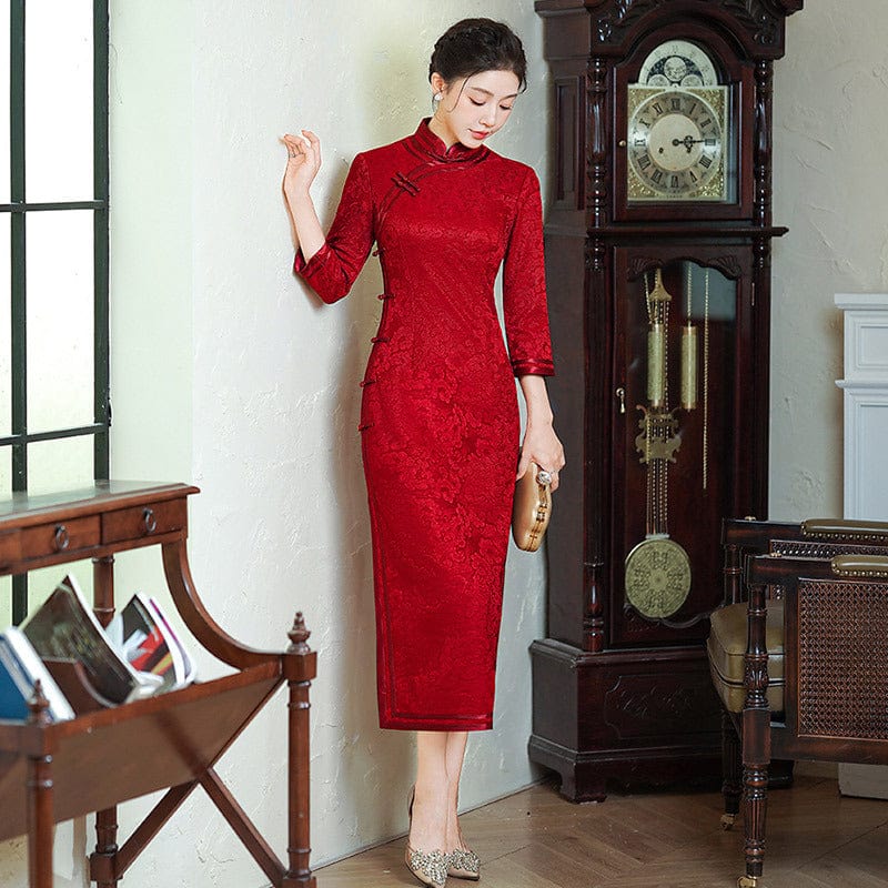 Beth and Brian Qipao-ZQYS Floral embroidery, jacquard and knitting fabric, wedding midi Cheongsam
