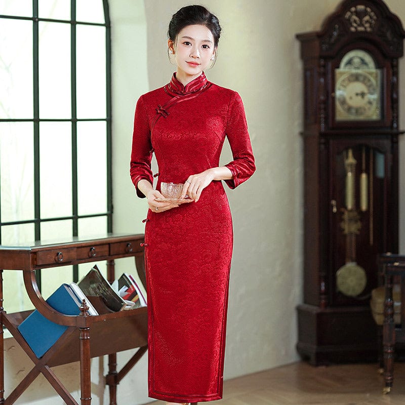 Beth and Brian Qipao-ZQYS Floral embroidery, jacquard and knitting fabric, wedding midi Cheongsam