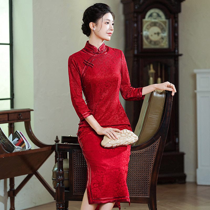 Beth and Brian Qipao-ZQYS Floral embroidery, jacquard and knitting fabric, wedding midi Cheongsam