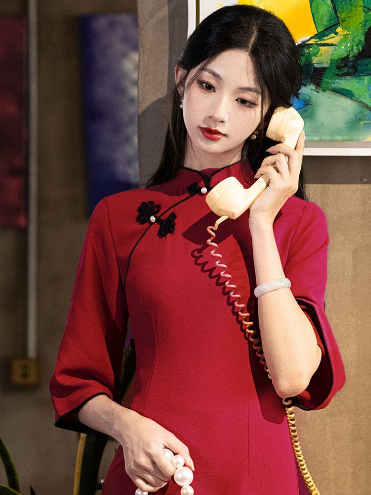 Beth and Brian Qipao-LSB Floral pattern, jacquard and knitting fabric, wedding midi Cheongsam