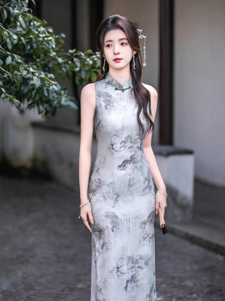 Beth and Brian Qipao-GSJ New Chinese style (新中式), Chinese ink painting pattern, grey midi Cheongsam