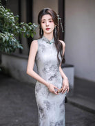 Beth and Brian Qipao-GSJ New Chinese style (新中式), Chinese ink painting pattern, grey midi Cheongsam