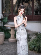 Beth and Brian Qipao-GSJ New Chinese style (新中式), Chinese ink painting pattern, grey midi Cheongsam