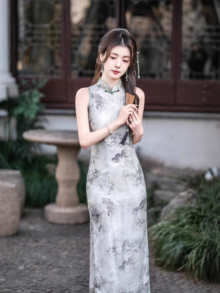Beth and Brian Qipao-GSJ New Chinese style (新中式), Chinese ink painting pattern, grey midi Cheongsam