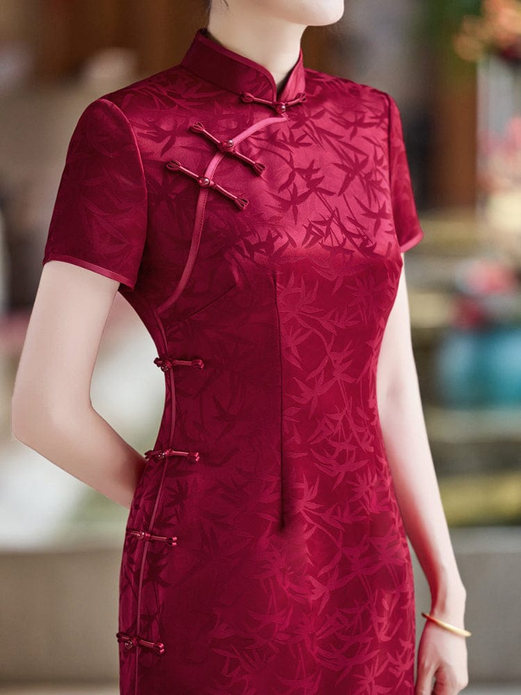 Beth and Brian Qipao-LHS Leaf pattern, wine red midi Cheongsam for mother