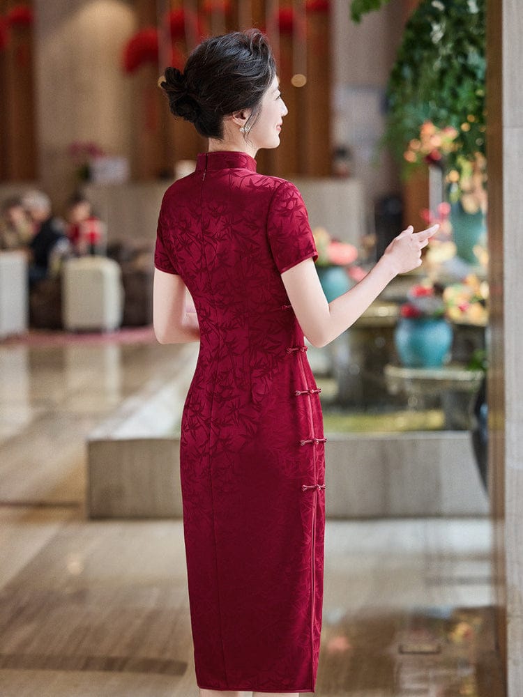 Beth and Brian Qipao-LHS Leaf pattern, wine red midi Cheongsam for mother