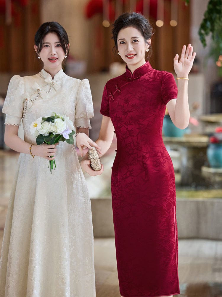 Beth and Brian Qipao-LHS Leaf pattern, wine red midi Cheongsam for mother