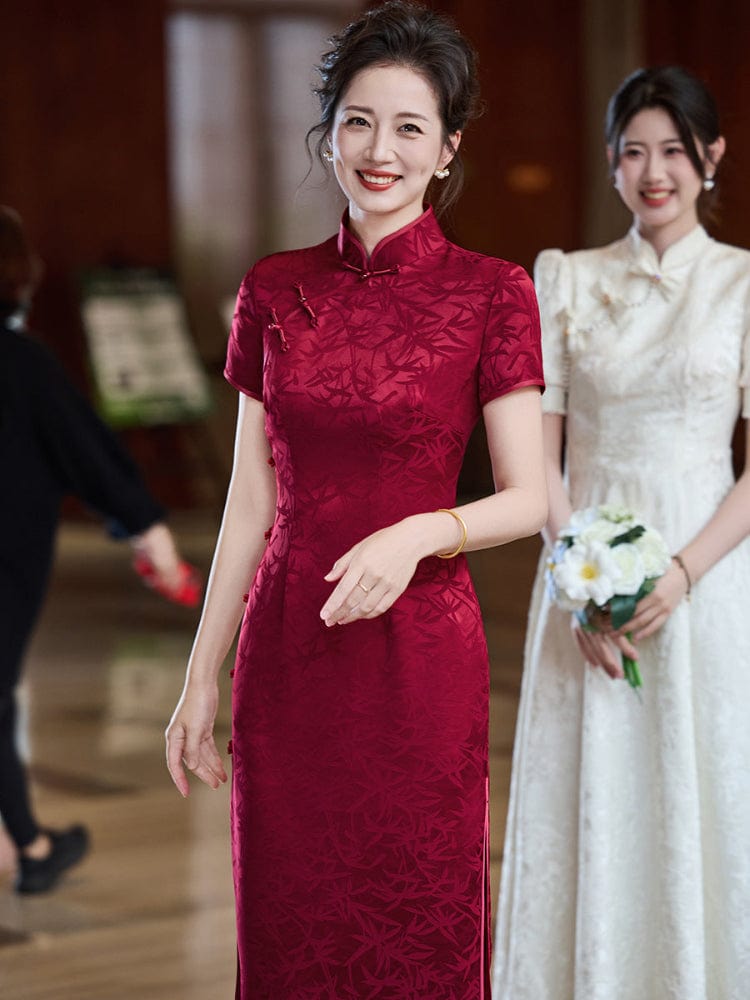 Beth and Brian Qipao-LHS Leaf pattern, wine red midi Cheongsam for mother