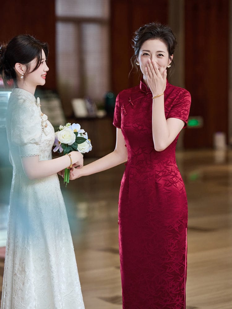 Beth and Brian Qipao-LHS Leaf pattern, wine red midi Cheongsam for mother