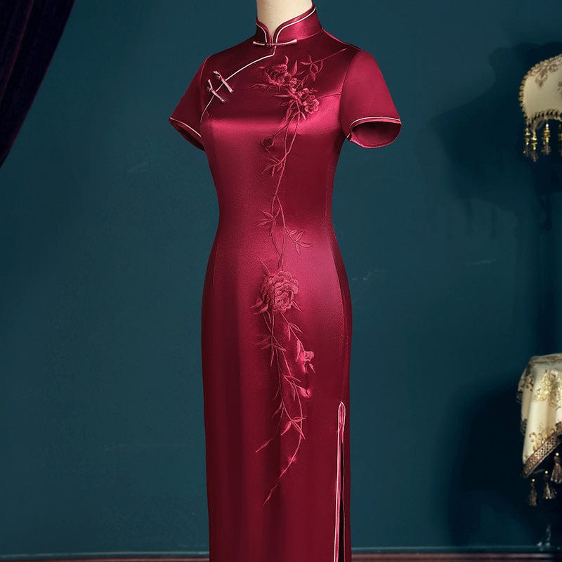 Beth and Brian Qipao-LHS Floral embroidery, acetate satin fabric, high-end long Cheongsam