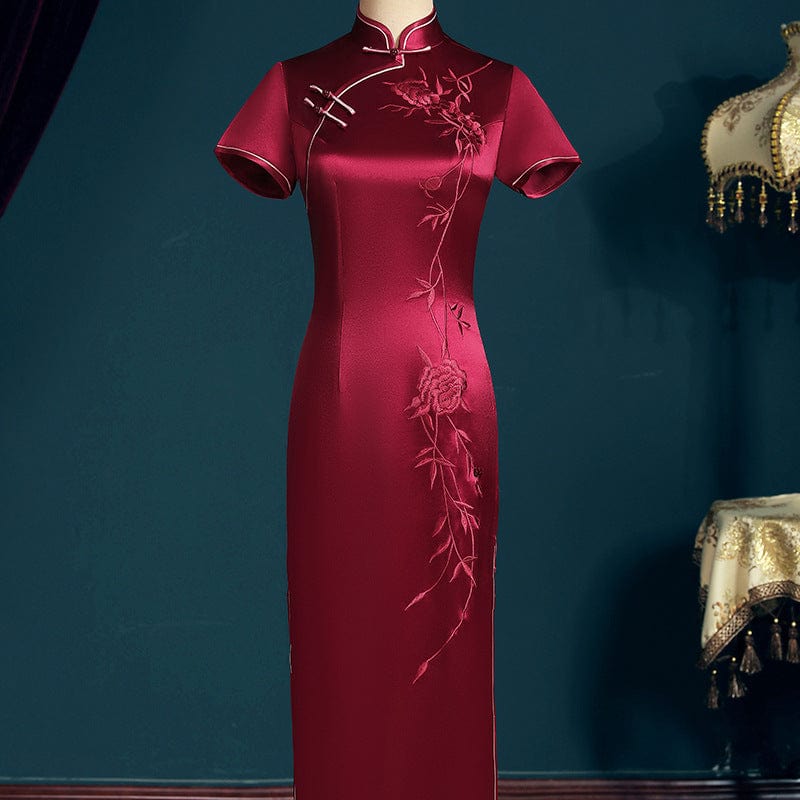 Beth and Brian Qipao-LHS Floral embroidery, acetate satin fabric, high-end long Cheongsam