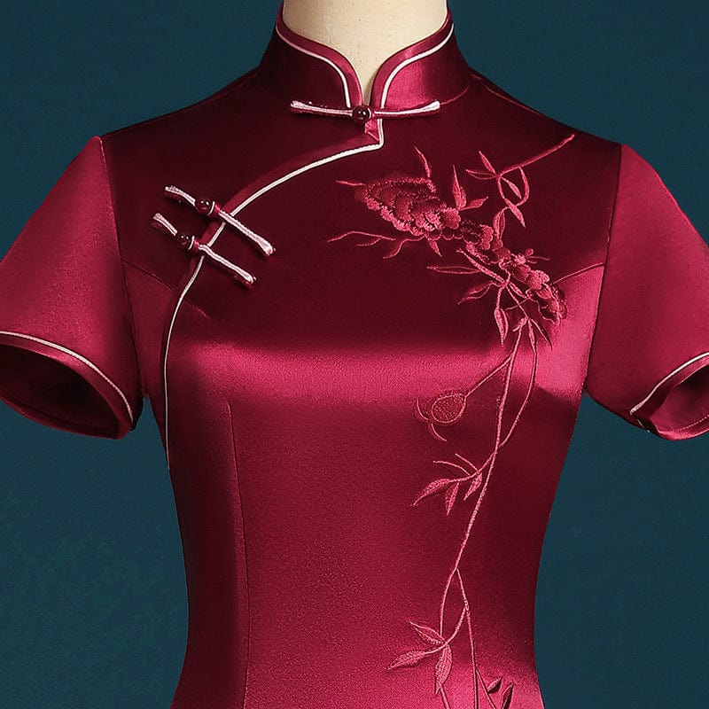 Beth and Brian Qipao-LHS Floral embroidery, acetate satin fabric, high-end long Cheongsam