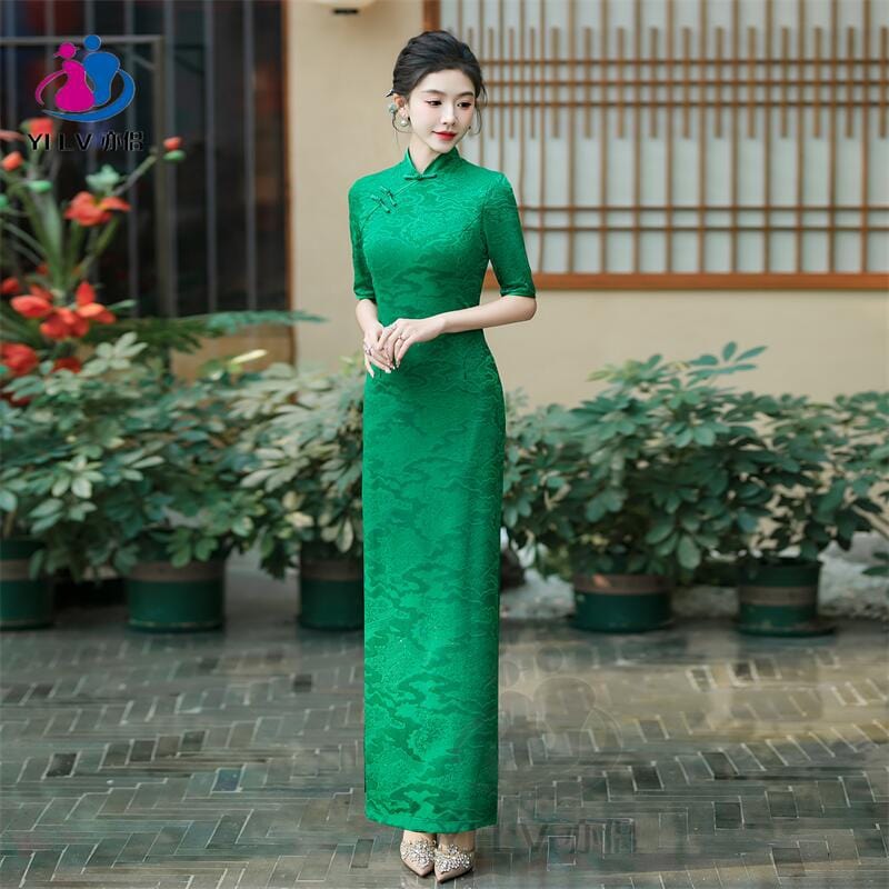 Beth and Brian Qipao-YS Floral pattern, jacquard and knitting fabric, long Cheongsam with elbow sleeves