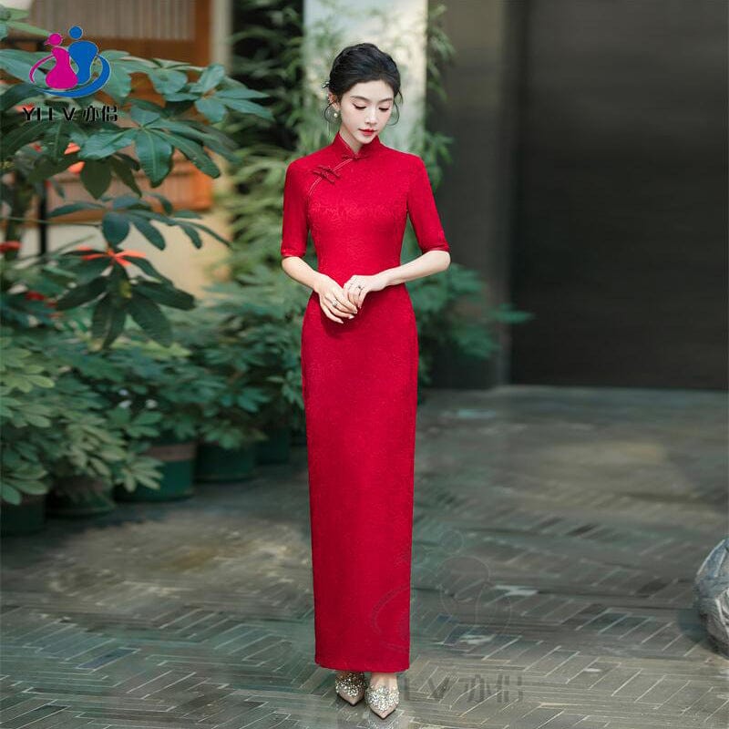 Beth and Brian Qipao-YS Floral pattern, jacquard and knitting fabric, long Cheongsam with elbow sleeves