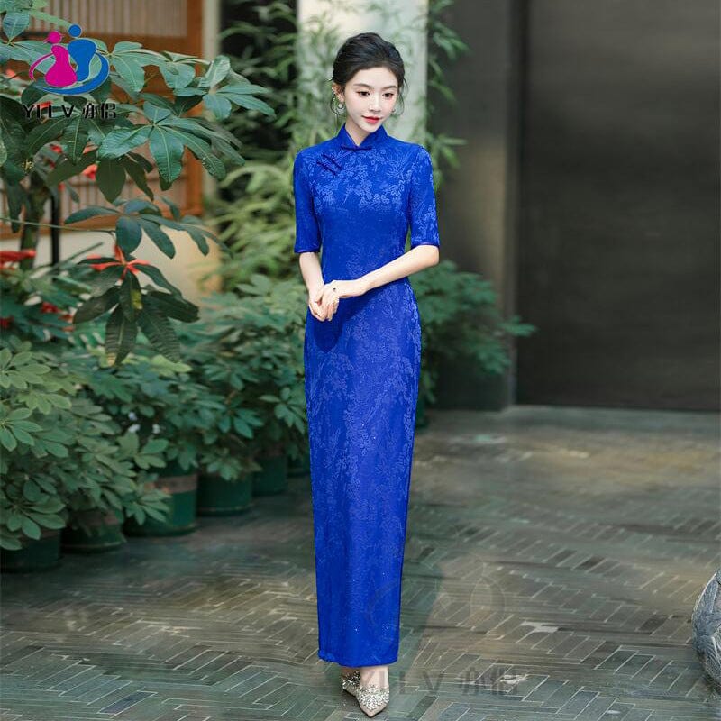 Beth and Brian Qipao-YS Floral pattern, jacquard and knitting fabric, long Cheongsam with elbow sleeves