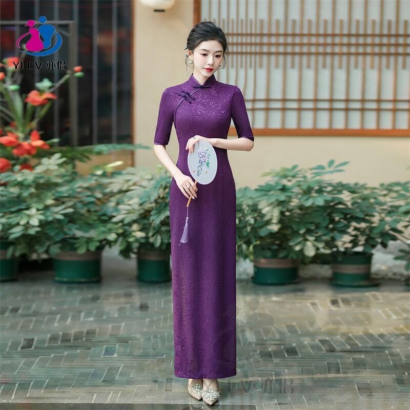 Beth and Brian Qipao-YS Floral pattern, jacquard and knitting fabric, long Cheongsam with elbow sleeves