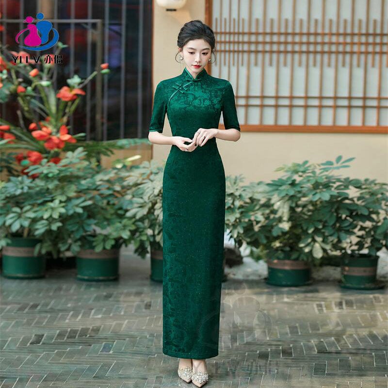 Beth and Brian Qipao-YS Floral pattern, jacquard and knitting fabric, prom long Cheongsam