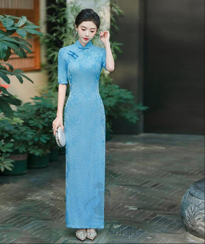 Beth and Brian Qipao-YS Floral pattern, jacquard and knitting fabric, prom long Cheongsam